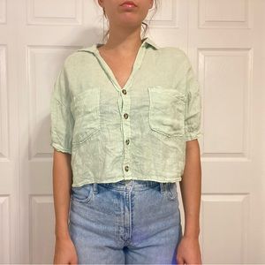 Green button up linen top